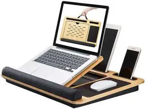 Foldable Wooden Laptop Stand for Desk  Adjustable & Portable Lapdesk with Cushion  Ergonomic Wood Laptop Riser with Storage Shelf for Home, Office & Travel  Fits Up to 16-Inch Laptops