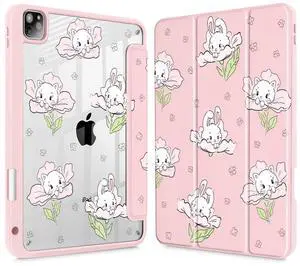 Lepeoac Case for iPad 12.9 Inch (6th/5th/4th/3rd Generation, 2022/2021/2020/2018), Pencel Holder + Trifold Support Auto Sleep/Wake, Transparent Shockproof Back Cover, Cat & Flowers