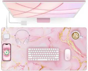 Wireless Charging Mouse Pad, 31.5"x15.8" Large Gaming Desk Mat for Keyboard/Laptop, Waterproof Ultra-Smooth Surface, Non-Slip Base, with 20W PD Adapter, Pink Marble