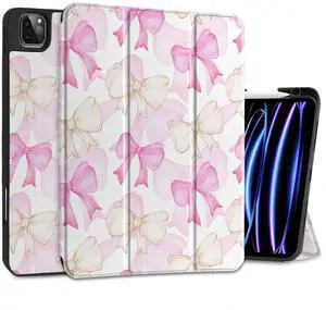 MEEgoodo for iPad Pro 12.9 Case M2 6th/5th/4th/3rd Generation 2022 2021 2020 2018 with Pencil Holder, Tablet Cover with Soft TPU Back Shell, White & Pink Bows