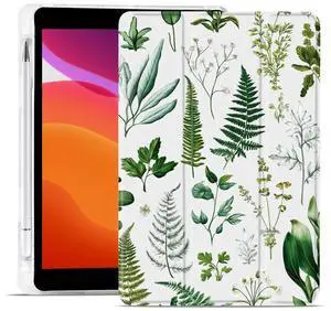 MAYCARI Retro Fern Leaves Case for iPad 10.2 inch 2021/2020/2019 with Pencil Holder, Original Pattern iPad 9th/8th/7th Generation Soft TPU Back Protective Cover Shell, Auto Sleep/Wake Slim Shell