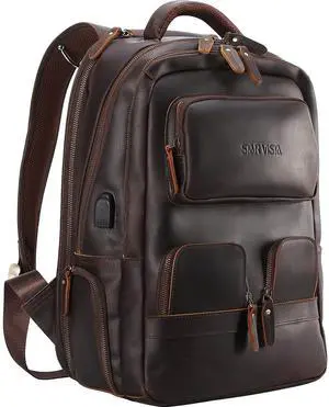 STAR VISTA 15.6" Raphael Vintage Full Grain Leather Laptop Backpack for Men, Multi Pockets, Casual Outdoor Business Travel Rucksack, YKK Zippers, Dark Brown