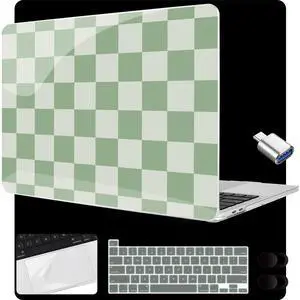 MEEgoodo for MacBook Pro 13 inch Case 2022 2021 2020 A2338 M2/M1 A2251 A2289 with Touch ID,Clear Laptop Hard Shell Cases with Keyboard Webcam Cover & Trackpad Film & Type C Adapter, Green Checkered