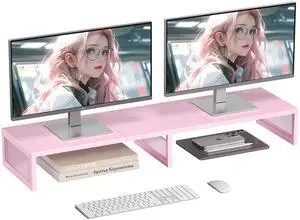 Gugsey Dual Computer Monitor Stand Riser, Desk Organizers and Accessories, Printer & TV Stand, Desk Shelf, Office Desk Accessories & Desktop Workspace Organizer for Office Supplies, Pink