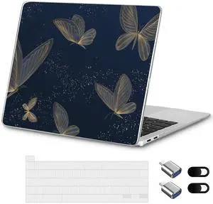Loyrina Designed for MacBook Pro 13.3 inch Case 2023-2016 A2338 A2251 A2289 A2159 A1989 A1708 A1706, Ultra-Thin Hard Shell Case with Keyboard Cover & USB Adapter & Webcam Cover, Butterflies in Golden