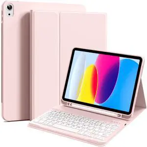 NOWIGOT Keyboard Case for iPad 10th Generation 10.9 Inch 2022, Magnetic Detachable Wireless Bluetooth Keyboard, Support 3 System, Flip Stand Case with Pencil Holder for iPad 10.9, Pink