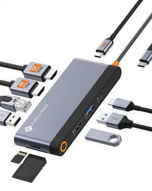 Novoo USB C Docking Station Dual HDMI Adapter, 10 in 1 Multi Display 8K with 2 HDMI, VGA, 100W PD, 3 USB, TF Card USB-C 3.0 Hub Multiport Dongle Compatible with MacBook/Dell/HP/Lenovo Surface Laptops