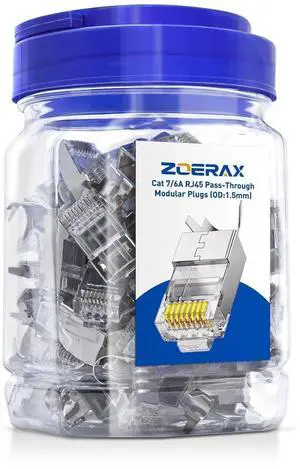 ZOERAX 50-Pack Cat7 Cat6A Shielded Pass Through RJ45 Connectors, 3-Prong Gold Plated CAT7 Modular Plug for Solid or Stranded STP/FTP Ethernet Cable (Silver) ZOERAX 50-Pack Cat7 Cat6A Shielded Pass Through RJ45 Connectors, 3-Prong Gold Plated CAT7 Modular Plug for Solid or Stranded STP/FTP Ethernet Cable (Silver)