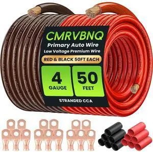 CMRVBNQ 4 Gauge Battery Cable CCA Wire Kit, 50FT Each Red Black with Terminals Heat Shrink Tubes Low Voltage Primary Automotive Power Ground Cable for Car Audio Amp Subwoofer RV Wiring CMRVBNQ 4 Gauge Battery Cable CCA Wire Kit, 50FT Each Red Black with Terminals Heat Shrink Tubes Low Voltage Primary Automotive Power Ground Cable for Car Audio Amp Subwoofer RV Wiring