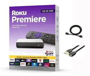 Roku 3920RW-SW Premiere - 4K/HDR Streaming Media Player, Enabled with Premium High Speed HDMI Cable & Simple Remote, Wi-Fi, with HDMI Cable and USB Extension Cord Roku 3920RW-SW Premiere - 4K/HDR Streaming Media Player, Enabled with Premium High Speed HDMI Cable & Simple Remote, Wi-Fi, with HDMI Cable and USB Extension Cord