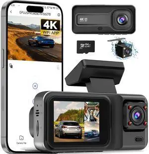 3 Channel 4K Dash Cam with 5GHz WiFi & APP Control, 4K+1080P+1440P Dash Cam Front and Rear Inside with 64GB Card, Dash Camera for Cars with Night Vision, Loop Recording, 24H Parking Mode, G-Sensor 3 Channel 4K Dash Cam with 5GHz WiFi & APP Control, 4K+1080P+1440P Dash Cam Front and Rear Inside with 64GB Card, Dash Camera for Cars with Night Vision, Loop Recording, 24H Parking Mode, G-Sensor