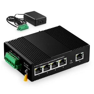5 Port PoE Industrial Ethernet Switch, 4 POE IEEE802.3af/at, 1 Uplink, 10/100Mbps, Fanless Metal Din Rail and Wall Mount, with One 60W PoE Power Supply 5 Port PoE Industrial Ethernet Switch, 4 POE IEEE802.3af/at, 1 Uplink, 10/100Mbps, Fanless Metal Din Rail and Wall Mount, with One 60W PoE Power Supply