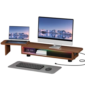 Artswish Dual Monitor Stand with Power Outlet, Brown Desk Monitor Riser Artswish Dual Monitor Stand with Power Outlet, Brown Desk Monitor Riser