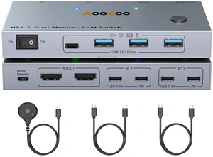 USB-C KVM Switch 2 Laptops 2 Monitors, 4K@60Hz Dual Monitor KVM Switch Sharing 2 Screens and 4 USB3.0 Devices, with 100W PD,Wired Remote Control and USB C Cables USB-C KVM Switch 2 Laptops 2 Monitors, 4K@60Hz Dual Monitor KVM Switch Sharing 2 Screens and 4 USB3.0 Devices, with 100W PD,Wired Remote Control and USB C Cables