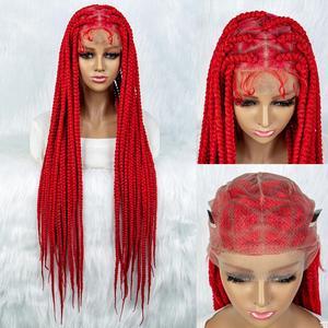 Black Women's Braided Wig Synthetic Lace Front Wig Large Knotless Box Braid Wig RED Red Full Lace Cornrow Braided Wig