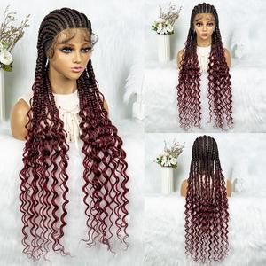 New Arrival Full Lace Braided Wigs Synthetic Lace Front Wig Braid African With Baby Hair Braided Wigs Water Wavy Wigs Gradient burgundy