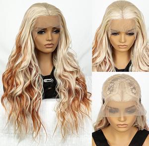 Mixed Color Long Body Wavy Hair Wig Middle Part Synthetic Fiber Wig T Lace Wig Women Daily Party Halloween Use