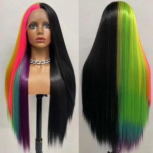 Rainbow Color Straight Lace Front Hair Wigs Colorful 13*3 Lace Front Synthetic Fiber Hair Wigs For Cosplay Costume Party Halloween Use