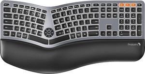 ProtoArc Backlit Wireless Ergonomic Keyboard, EK01 Plus Full Size Ergo Split Keyboard with Wrist Rest, USB-C Charging, Bluetooth and USB, Natural Typing Compatible with Windows/Mac/Android