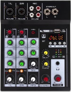 COKYISS Audio Mixer, 4 Channel Multi-Functional Audio Mixer with Bluetooth Reverb Effect, Suitable for Home Studio Recording and Stage Performances