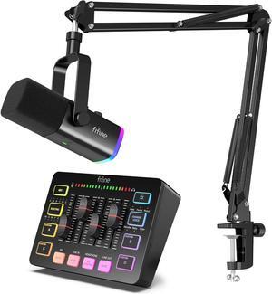FIFINE XLR/USB Gaming Microphone Set and Gaming Audio Mixer,Dynamic PC Mic for Streaming Podcasting,RGB Recording Mixer with XLR Microphone Interface,Computer RGB Mic Kit with Boom Arm Stand(AM8T+SC3)