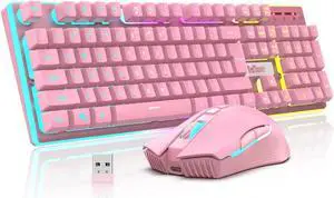 RedThunder K10 Wireless Gaming Keyboard and Mouse Combo, LED Backlit Rechargeable 3800mAh Battery, Mechanical Feel Anti-ghosting Keyboard + 7D 3200DPI Mice for PC Gamer (Pink)