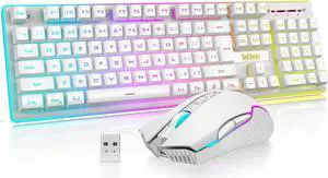 RedThunder K10 Wireless Gaming Keyboard and Mouse Combo, LED Backlit Rechargeable 3800mAh Battery, Mechanical Feel Anti-ghosting Keyboard + 7D 3200DPI Mice for PC Gamer (White)