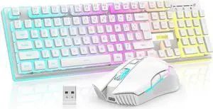RedThunder K10 Wireless Gaming Keyboard and Mouse Combo, RGB Backlit Rechargeable 3800mAh Battery, Mechanical Feel Anti-ghosting Keyboard with Pudding Keycaps + 7D 3200DPI Mice for PC Gamer (White)