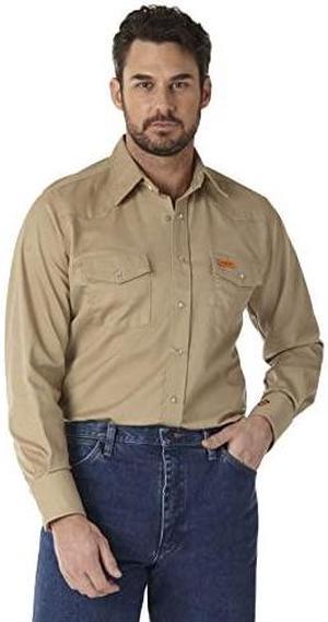 Wrangler Riggs Workwear Mens FR Flame Resistant Western Long Sleeve Two Pocket Snap Shirt Khaki 3X