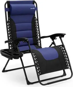 SereneLife Outdoor Adjustable and Foldable Padded Zero Gravity Lawn Chair - Adjustable Recliner with Removable Plastic Cup Holder Side Table and Pillow, Blue and Black