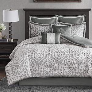 Madison Park Odette Comforter Set Jacquard Damask Medallion Design All Season Down Alternative Bedding, Matching Shams, Bedskirt, Decorative Pillows, Queen(90"x90"), Silver 8 Piece