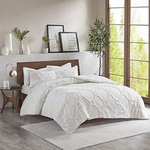 Madison Park Tufted Chenille 100% Cotton Duvet Modern Luxe All Season Comforter Cover Bed Set with Matching Shams, King/California King(104"x92"), Ogee Off White 3 Piece