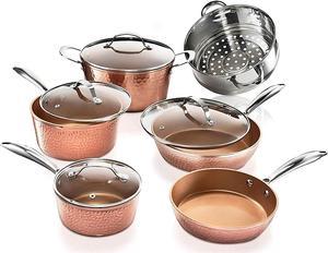 Gotham Steel 10 Pc Pots and Pan Set, Non Stick Cookware Set, Induction Cookware, Pots and Pans Set, Pot Set, Pot and Pan Set, Cooking Set, Dishwasher / Oven Safe, 100% Non Toxic, Hammered Copper