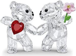 SWAROVSKI Kris Bears Happy Together Figurine Set, Clear Swarovski Crystal with a Red Heart and Pink Flower Accent, Part of the Swarovski Kris Bears Collection