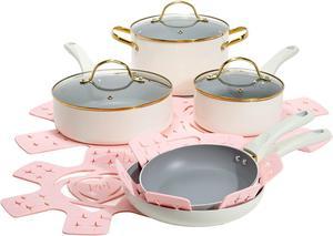 Paris Hilton Epic Nonstick Pots and Pans Set MultiLayer Nonstick Coating Tempered Glass Lids Soft Touch Stay Cool Handles Made Without PFOA Dishwasher Safe Cookware Set 12Piece Cream