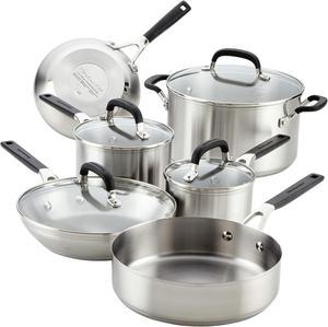 KitchenAid - Brushed Stainless Steel Cookware Set, 10-Piece Pots and Pan Set, Induction Cooktop Compatible