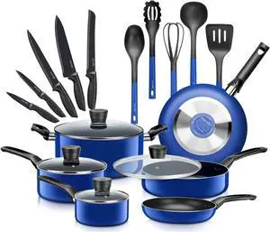 SereneLife Kitchenware Pots & Pans Basic Kitchen Cookware, Black Non-Stick Coating Inside, Heat Resistant Lacquer (20-Piece Set), One Size, Blue