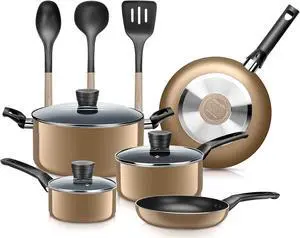 SereneLife Kitchenware Pots & Pans Basic Kitchen Cookware, Black Non-Stick Coating Inside, Heat Resistant Lacquer (11-Piece Set), One Size, Gold