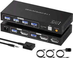 Displayport KVM Switch 2 PC 1 Monitor USB 3.0DP KVM Switcher 2 Port Two Computers to Share 4 USB Peripherals Support 8k 60hz 4k 120hz DP 1.4 Switches Includes Desktop Controller And Power Adapter
