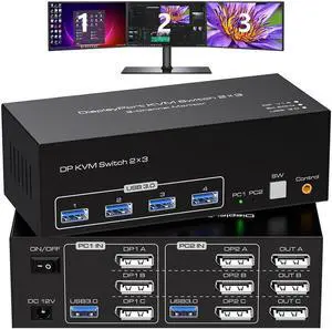 8K Displayport KVM Switch 3 Monitors 2 Computers 4K 120Hz Triple Monitor DP KVM Switches for 2 PC Share 4 USB 3.0 Ports Support Extended & Copy Display Mode Wired Controller & 12V Adapter Included