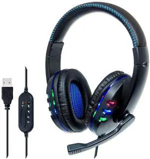 Manhattan USB-A Gaming Headset with LEDs. Retractable Built-in Microphone, Audio Control, Integrated 1.8 m Cable, Black and Blue