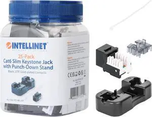 Intellinet Cat6 Slim Keystone Jack with Punch-Down Stand, Black, 25-Pack, For Easy Fit in High-density Patch Panels, UTP, for Solid Wire, Gold-plated Contacts