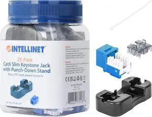 Intellinet Cat6 Slim Keystone Jack with Punch-Down Stand, Blue, 25-Pack, For Easy Fit in High-density Patch Panels, UTP, for Solid Wire, Gold-plated Contacts