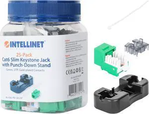 Intellinet Cat6 Slim Keystone Jack with Punch-Down Stand, Green, 25-Pack, For Easy Fit in High-density Patch Panels, UTP, for Solid Wire, Gold-plated Contacts
