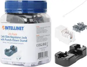 Intellinet Cat6 Slim Keystone Jack with Punch-Down Stand, White, 25-Pack, For Easy Fit in High-density Patch Panels, UTP, for Solid Wire, Gold-plated Contacts
