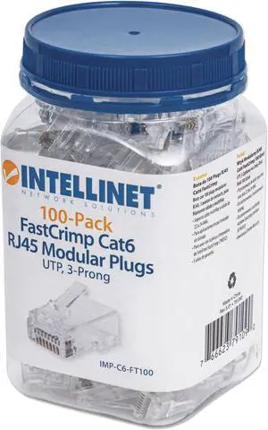 Intellinet Cat6 RJ45 Modular Plugs, 100-Pack, UTP, 3-Prong, For Solid and Stranded Wire, Gold-plated Contacts, 100 plugs in Jar, Transparent Intellinet Cat6 RJ45 Modular Plugs, 100-Pack, UTP, 3-Prong, For Solid and Stranded Wire, Gold-plated Contacts, 100 plugs in Jar, Transparent
