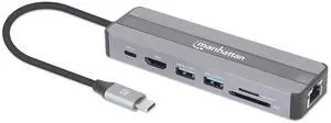 Manhattan USB-C 7-in-1 Docking Station: Power Delivery, 4K HDMI, Gigabit Ethernet, USB Hub, SD Card Reader for Laptop and Phone Connectivity - 153928