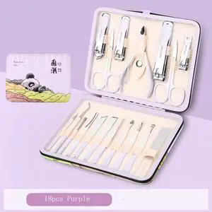 Reliable Stainless Steel 18pcs Nail Manicure Feet Pedicure Set with Cute Panda Pattern PU Case Nail Buffer File Shiner Cuticle Grooming Beauty Nail Hand Feet Care Tool Purple