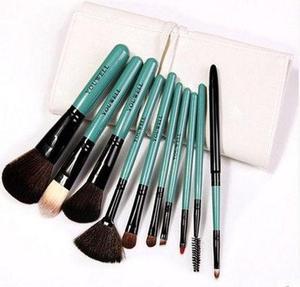 Reliable Quality Professional 10pcs Makeup Brush Set with Button PU Bag Beauty Makeup Tools Green