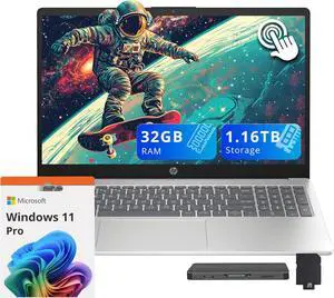 HP 15.6" HD Touchscreen Laptop, Intel i3-1315U, 32GB DDR4 RAM, 1.16TB Storage(1TB SSD + 160GB Docking Station Set), Intel UHD Graphics, Num Pad, 720p HD Camera, Windows 11 Pro, Silver